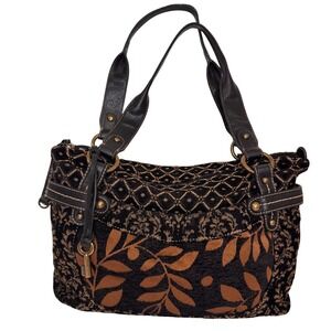 Vintage Fossil Tapestry Shoulder Bag Key Charm Leaf Boho Black Gold Brass Y2K‎